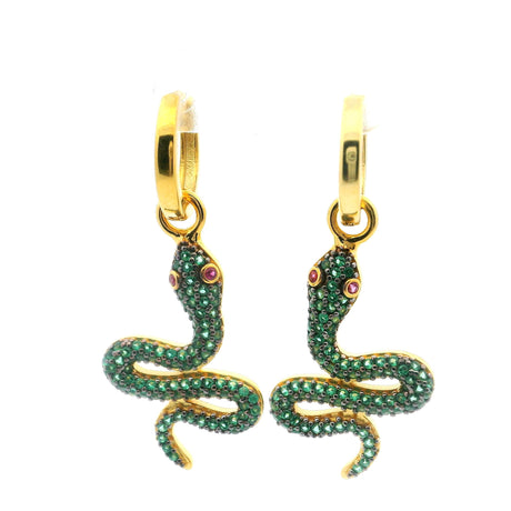 View of Swarovski Crystal Dangle Earrings - Green Snake with Pink Eyes in Gold Vermeil over 925 Sterling Silver