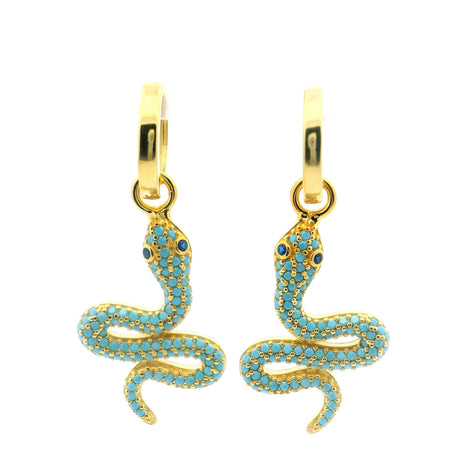 View of Swarovski Crystal Dangle Earrings - Turquoise Snake with Black Eyes in Gold Vermeil over 925 Sterling Silver