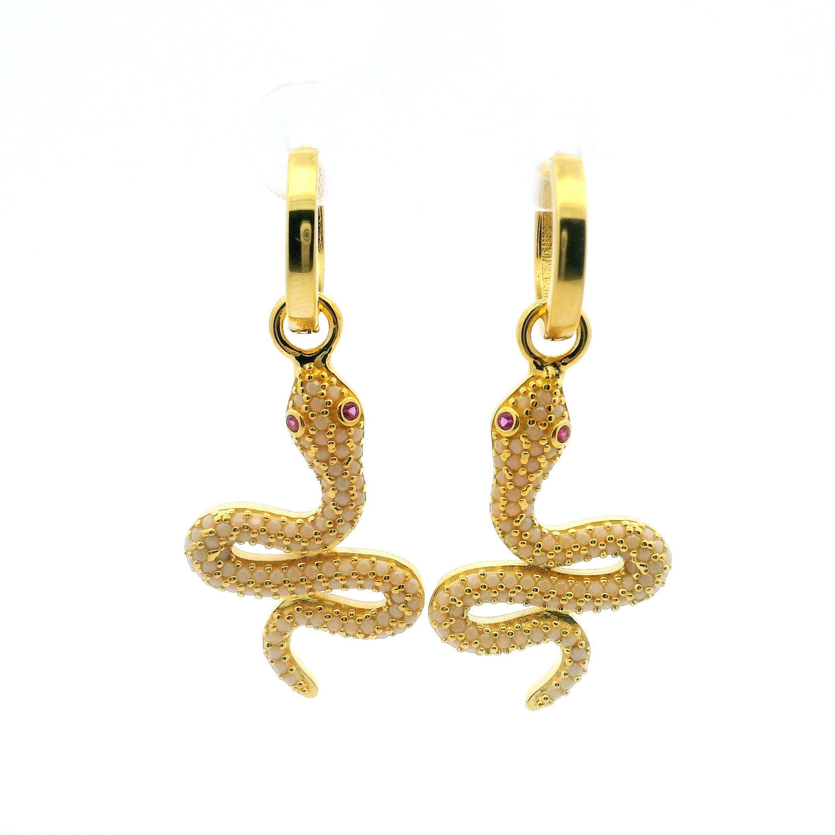 View of Swarovski Crystal Dangle Earrings - White Snake with Pink Eyes in Gold Vermeil over 925 Sterling Silver