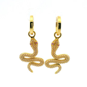 View of Swarovski Crystal Dangle Earrings - White Snake with Pink Eyes in Gold Vermeil over 925 Sterling Silver