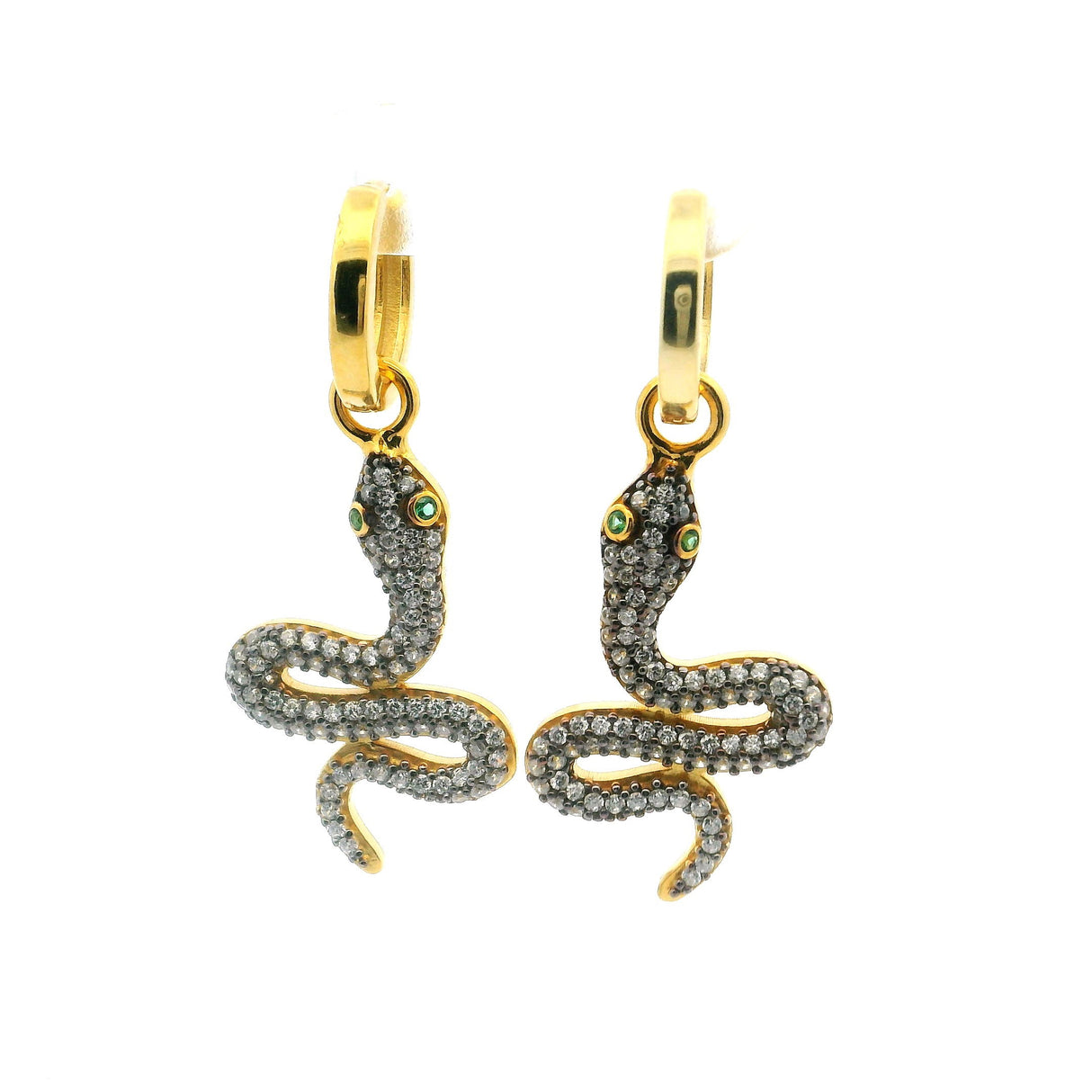 View of Swarovski Crystal Dangle Earrings - Silver Snake with Green Eyes in Gold Vermeil over 925 Sterling Silver