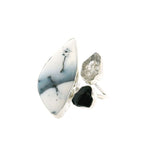 View of Dendritic Opal Ring - Freeform Cabochon with Black Tourmaline & Herkimer Diamond Nuggets Bezel Set in Open Adjustable Band in 925 Sterling Silver szAdj