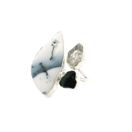 View of Dendritic Opal Ring - Freeform Cabochon with Black Tourmaline & Herkimer Diamond Nuggets Bezel Set in Open Adjustable Band in 925 Sterling Silver szAdj
