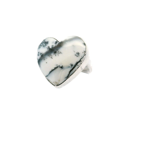 View of Dendritic Opal Ring - Heart Cabochon Diagonal Dendritic Lines Bezel Set in Simple 925 Sterling Silver szAdj