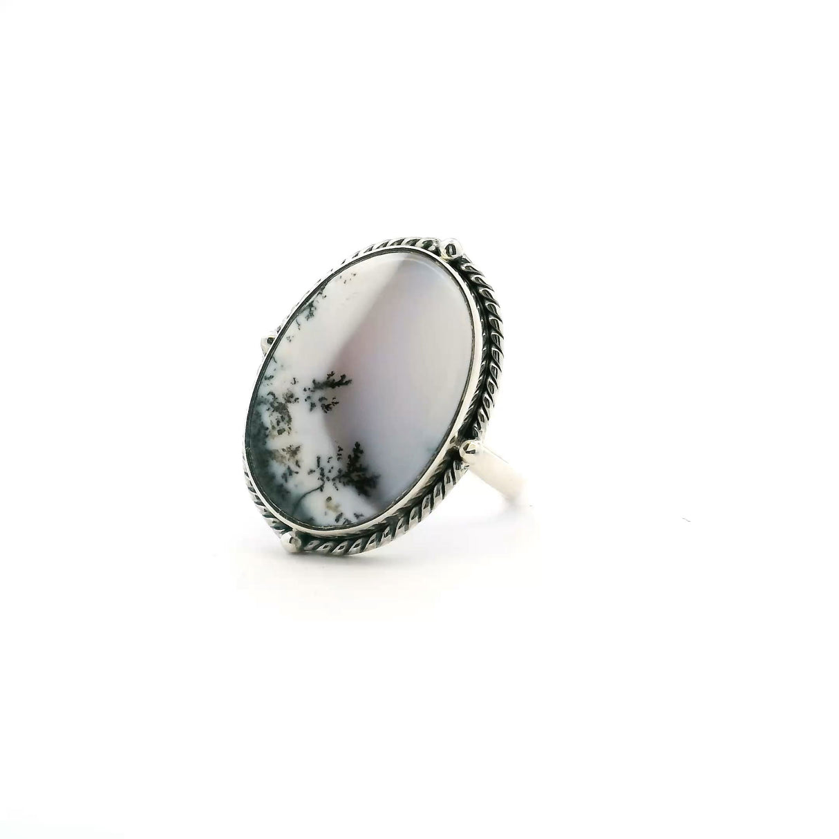 View of Dendritic Opal Ring - Oval Cabochon with Light Gray Section with Rope Accent Bezel Set in Simple 925 Sterling Silver sz7