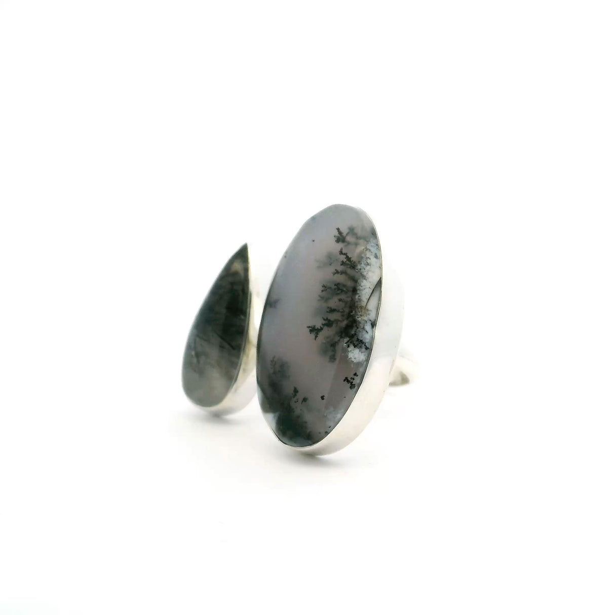 View of Dendritic Opal Ring - Oval Cabochon with Tourmalated Quartz Pear Cabochon Bezel Set in Open Adjustable Band in 925 Sterling Silver szAdj