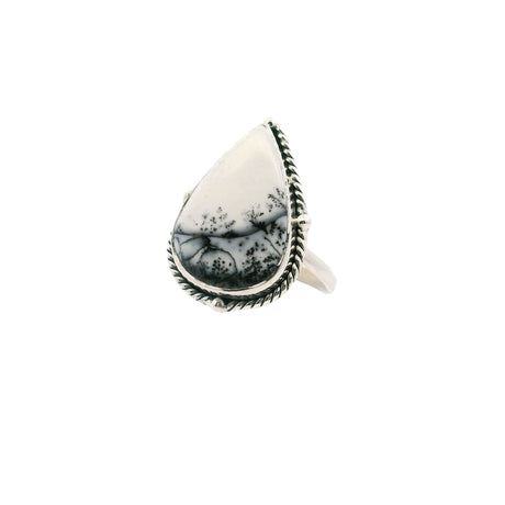 View of Dendritic Opal Ring - Pear Cabochon with Pure White Top & Roots Showing Underground with Rope Accent Bezel Set in Simple 925 Sterling Silver sz5