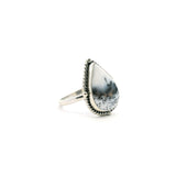 View of Dendritic Opal Ring - Pear Cabochon with Underwater Landscape & Rope Accent Bezel Set in Simple 925 Sterling Silver sz6