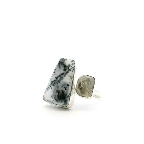View of Dendritic Opal Ring - Trapezoid Cabochon with Herkimer Diamond Nugget Bezel Set in Open Adjustable Band in 925 Sterling Silver szAdj