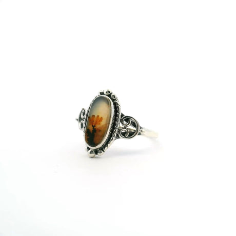 View of Dendritic Agate Ring - Oval Cabochon with Orange Flower in the Desert & Rope & Beaded Detail Bezel Set in 925 Sterling Silver sz8