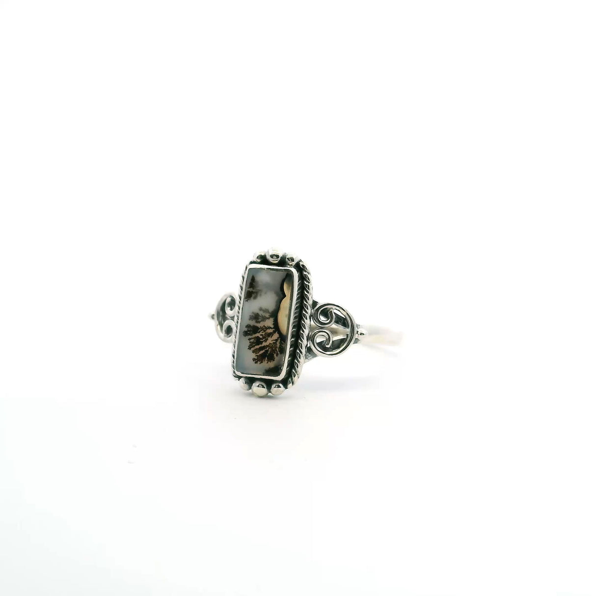 View of Dendritic Agate Ring - Rectangle Cabochon with Dark Brown Dendrites & Rope & Beaded Detail Bezel Set in 925 Sterling Silver sz10