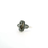 View of Dendritic Agate Ring - Rectangle Cabochon with Dark Brown Dendrites & Rope & Beaded Detail Bezel Set in 925 Sterling Silver sz10