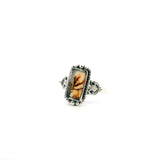 View of Dendritic Agate Ring - Rectangle Cabochon with Red-Brown Dendrites & Rope & Beaded Detail Bezel Set in 925 Sterling Silver sz10