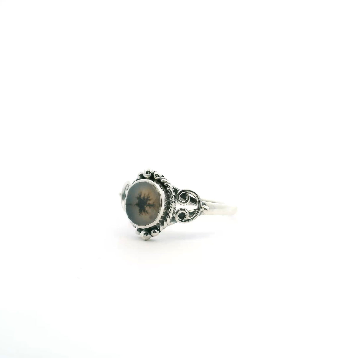View of Dendritic Agate Ring - Round Cabochon with Sideways Dendrite & Rope & Beaded Detail Bezel Set in 925 Sterling Silver sz10