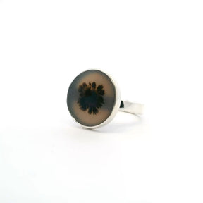 View of Dendritic Agate Ring - Round Cabochon with Single Centered Dendrite Cross-section Bezel Set in Simple 925 Sterling Silver sz7
