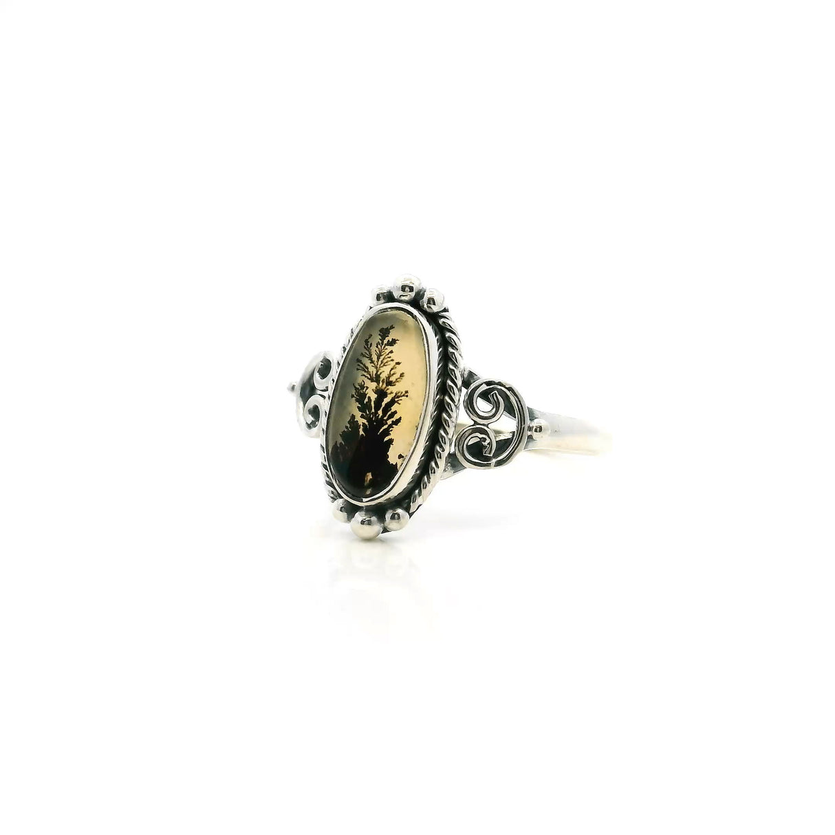 View of Dendritic Agate Ring - Oval Cabochon with Single Tall Dark Brown Dendrite & Rope & Beaded Detail Bezel Set in 925 Sterling Silver sz9