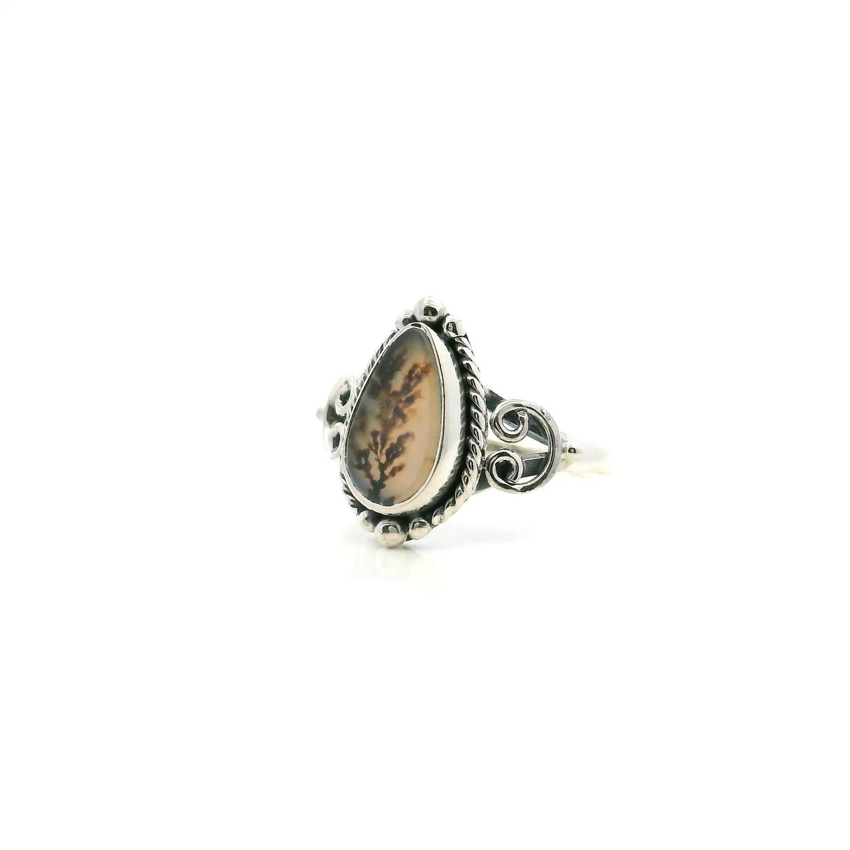 View of Dendritic Agate Ring - Pear Cabochon with Dark Brown Dendrites & Rope & Beaded Detail Bezel Set in 925 Sterling Silver sz7