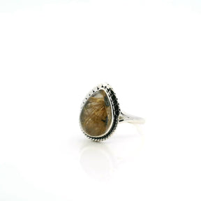 View of Golden Rutilated Quartz Ring - Pear Cabochon with Z-Shape Gold Rutile Bezel Set with Rope & Flattened Bead Detail on Double Band in 925 Sterling Silver sz8