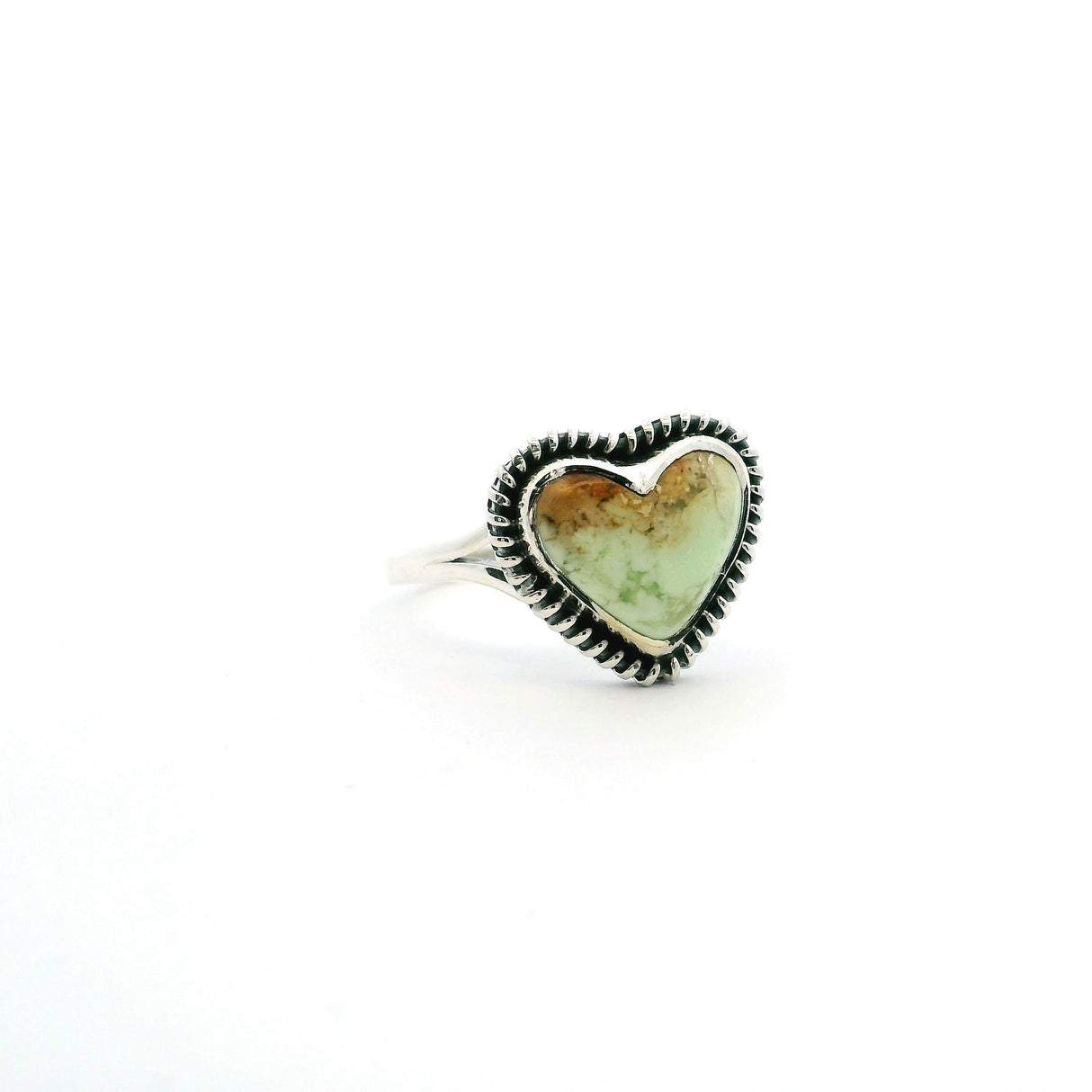 View of Lemon Chrysoprase Ring - Heart Cabochon with Caramel Inclusions at Top Bezel Set with Rope Accents on Double Band in 925 Sterling Silver sz9
