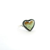 View of Lemon Chrysoprase Ring - Heart Cabochon with Caramel Inclusions at Top Bezel Set with Rope Accents on Double Band in 925 Sterling Silver sz9