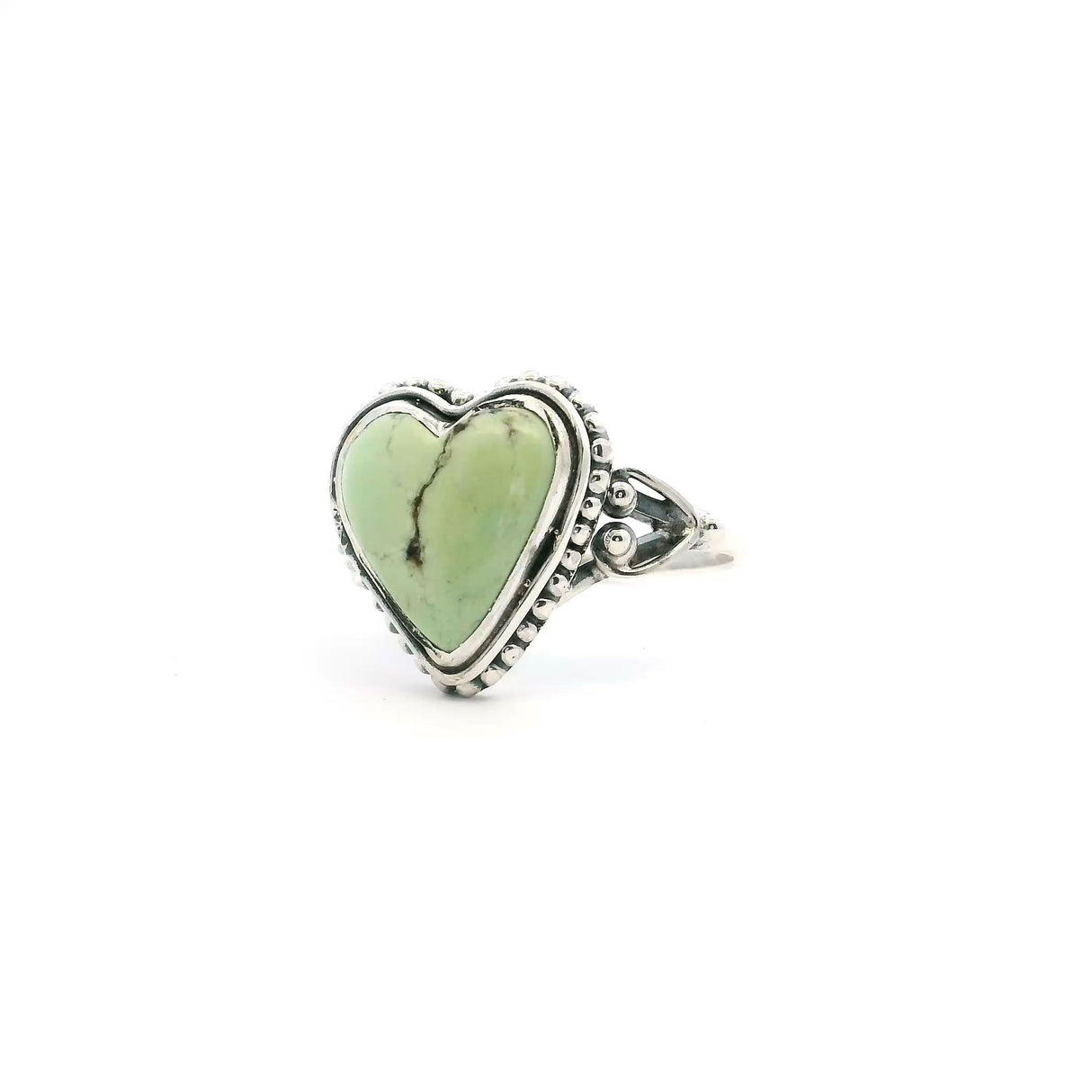 View of Lemon Chrysoprase Ring - Heart Cabochon with Dark Brown Crack in Middle Bezel Set with Beaded Accents on Double Band in 925 Sterling Silver sz9