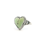 View of Lemon Chrysoprase Ring - Heart Cabochon with Dark Brown Crack in Middle Bezel Set with Beaded Accents on Double Band in 925 Sterling Silver sz9