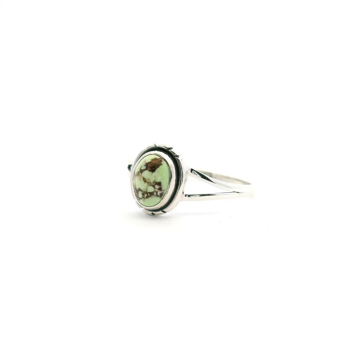 View of Lemon Chrysoprase Ring - Oval Cabochon with Dark Brown Inclusions Bezel Set with Line Accents on Double Band in 925 Sterling Silver sz9