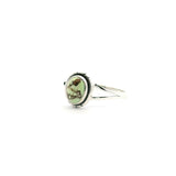 View of Lemon Chrysoprase Ring - Oval Cabochon with Dark Brown Inclusions Bezel Set with Line Accents on Double Band in 925 Sterling Silver sz9