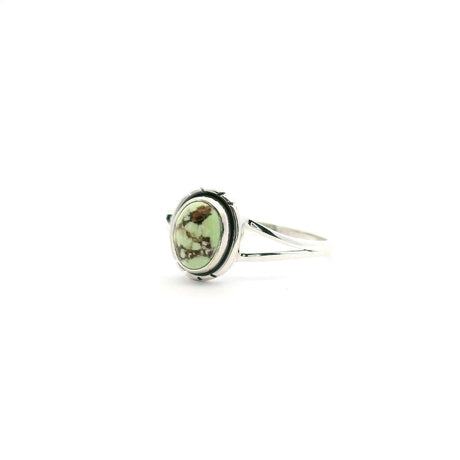 View of Lemon Chrysoprase Ring - Oval Cabochon with Dark Brown Inclusions Bezel Set with Line Accents on Double Band in 925 Sterling Silver sz9