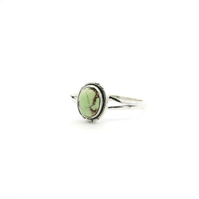View of Lemon Chrysoprase Ring - Oval Cabochon with Dark Brown Inclusions on Edge Bezel Set with Line Accents on Double Band in 925 Sterling Silver sz10