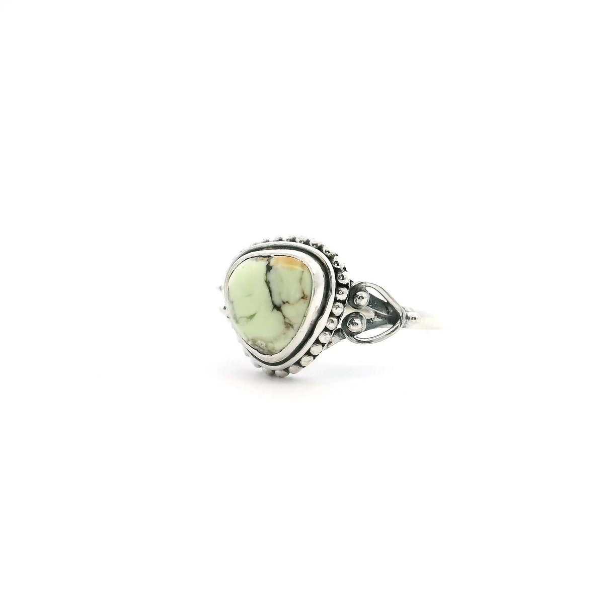 View of Lemon Chrysoprase Ring - Rounded Triangle Cabochon with Fine Black & Orange Inclusions Bezel Set with Beaded Accents on Double Band in 925 Sterling Silver sz10