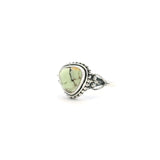 View of Lemon Chrysoprase Ring - Rounded Triangle Cabochon with Fine Black & Orange Inclusions Bezel Set with Beaded Accents on Double Band in 925 Sterling Silver sz10