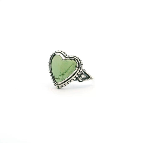 View of Lemon Chrysoprase Ring - Heart Cabochon with Darker Green Inclusions Bezel Set with Beaded Accents on Double Band in 925 Sterling Silver sz7