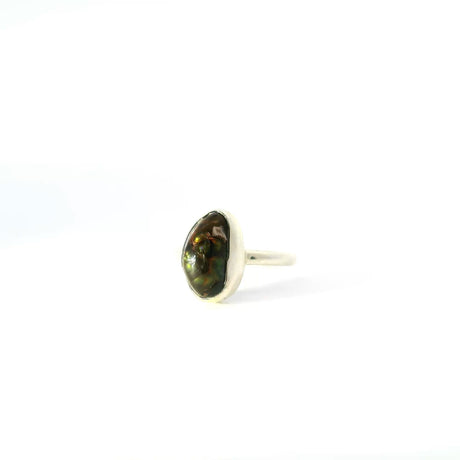 View of Mexican Fire Agate Ring - D-Shaped Freeform Nugget with Green Internal Bubbles Bezel Set in Simple 925 Sterling Silver sz5