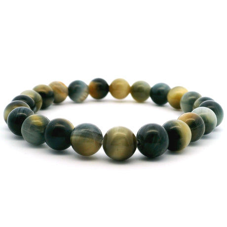 View of Blue Yellow Tigers Eye Beaded Bracelet - 8mm Round