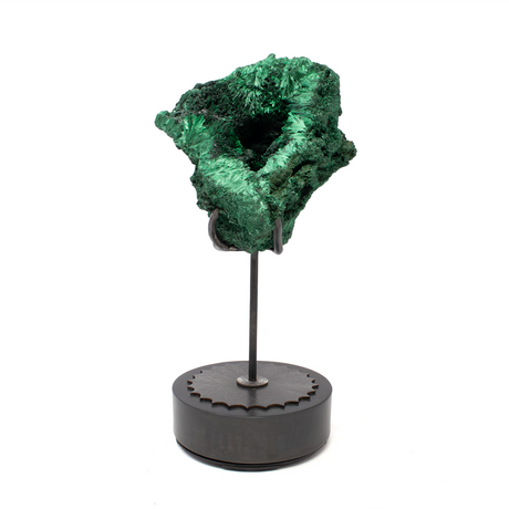 View of Chatoyant Malachite Specimen on Custom Etched Spinning Stand - Fiberous with Vug on Round Base