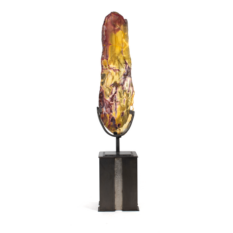 View of Mookaite End Cut on Custom Design Art Deco Stand - Elongated on Square Base