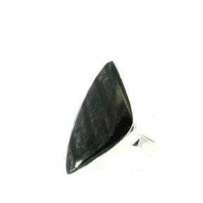 View of Hypersthene Ring - Triangular Cabochon with Diagonal Black & Silver Striations Bezel Set in 925 Sterling Silver szAdj