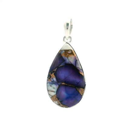 View of Purple Opal Pendant - Pear Cabochon with Stunning Purple Hue & Copper Inclusions Bezel Set in Simple 925 Sterling Silver