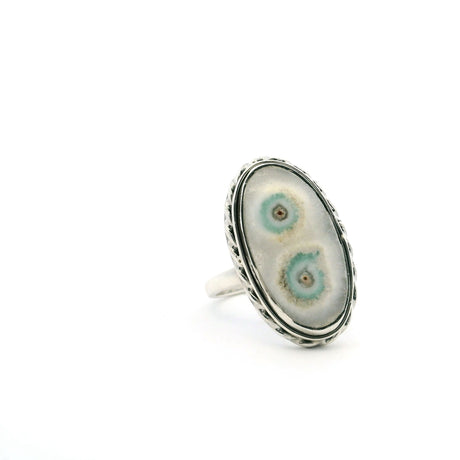 View of Solar Quartz Stalactite Ring - Oval Cabochon with Double Eyes of Beige & Light Green Bezel Set with Rope Detail in 925 Sterling Silver sz5
