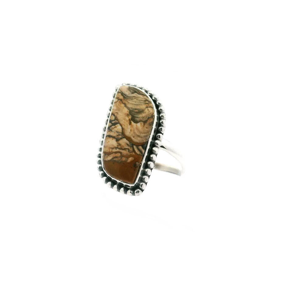 View of Picture Jasper Ring - S-Shaped Cabochon with Black Veining & Caramel Hue on End Bezel Set with Beaded Detail in 925 Stelring Silver sz5