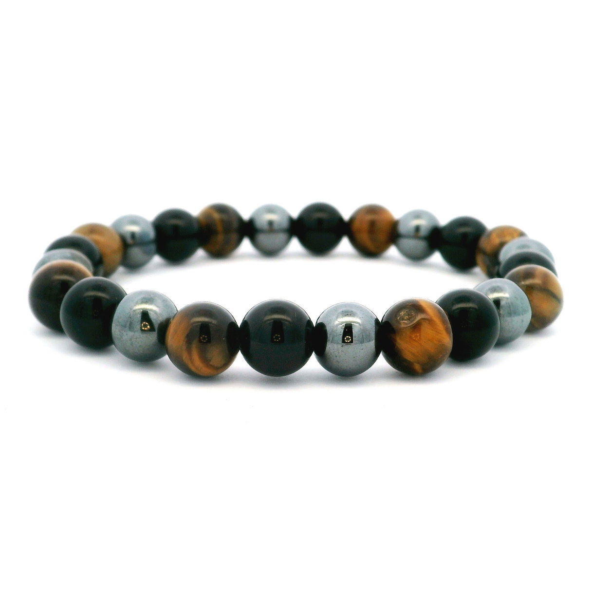 View of Tri-Color Beaded Bracelet with Yellow Tigers Eye, Hematite and Black Obsidian 8mm Rounds