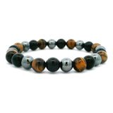 View of Tri-Color Beaded Bracelet with Yellow Tigers Eye, Hematite and Black Obsidian 8mm Rounds