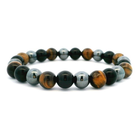View of Tri-Color Beaded Bracelet with Yellow Tigers Eye, Hematite and Black Obsidian 8mm Rounds