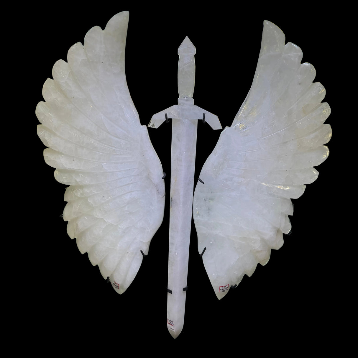 White Quartz Warrior Sword & Angel Wings Carving in Fitted Stand