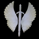 White Quartz Warrior Sword & Angel Wings Carving in Fitted Stand