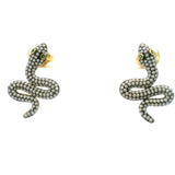 Nano Stone Stud Earrings - White Snake with Green Eyes in Gold Vermeil over 925 Sterling Silver