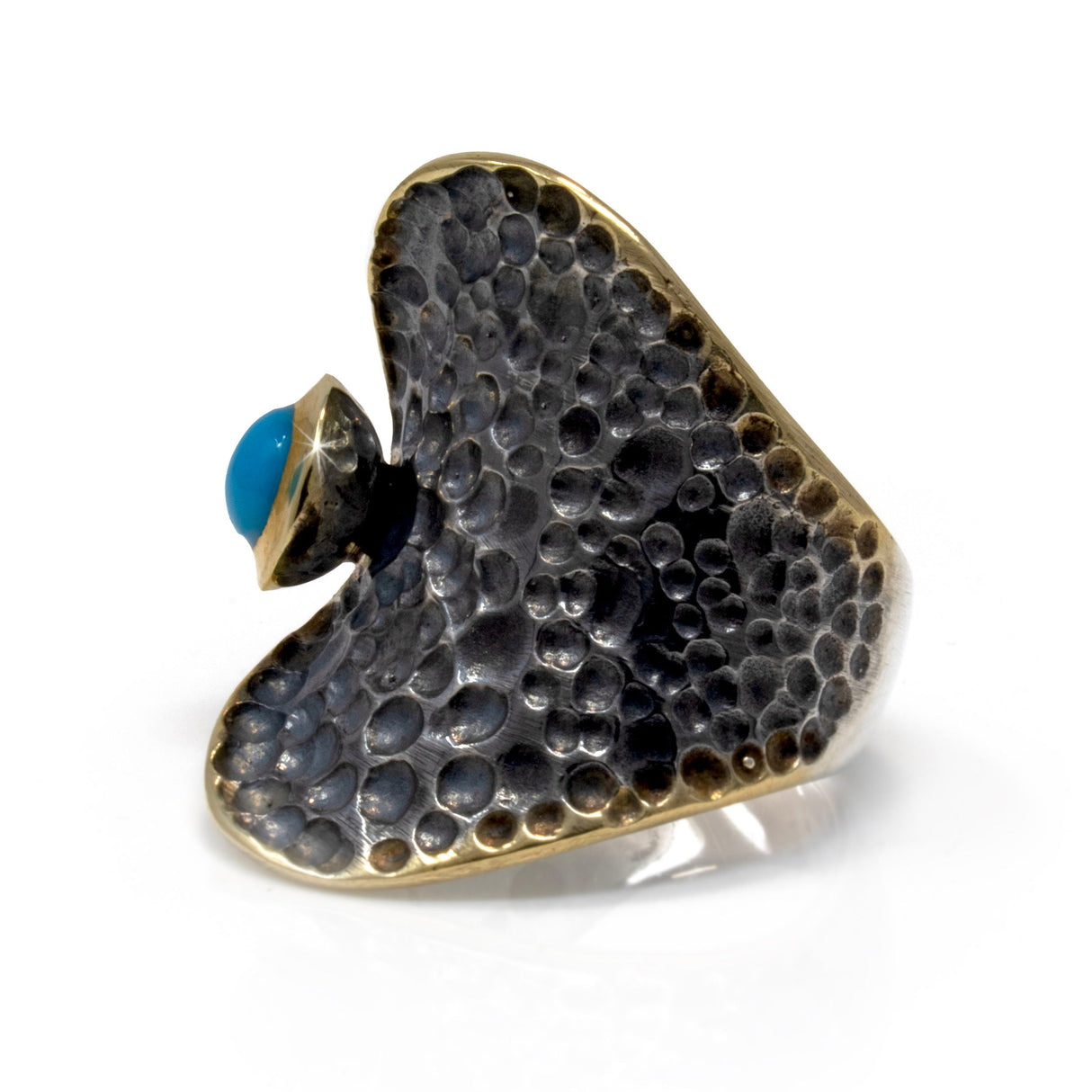 New Mexico (Campositos) Turquoise Ring - Round Cabochon with Gold Vermeil Bezel Set on Hammered Oxidized Band with "Falling Leaf" Folded Design - Gold Vermeil Size 7