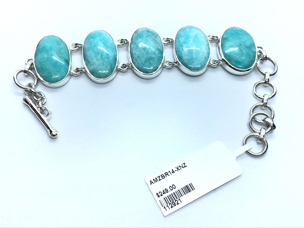 Amazonite Link Bracelet - 5 Oval Cabochons With Simple Silver Bezels & Double Hinge Links