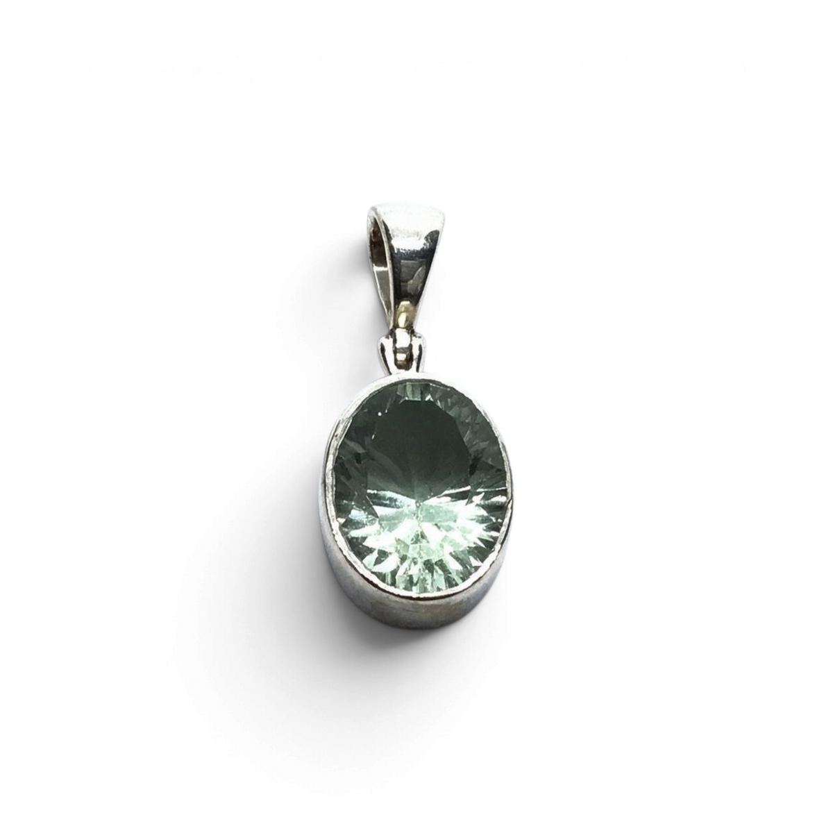 Rare Earth Gallery faceted oval prasiolite pendant set in a tall 925 sterling silver bezel